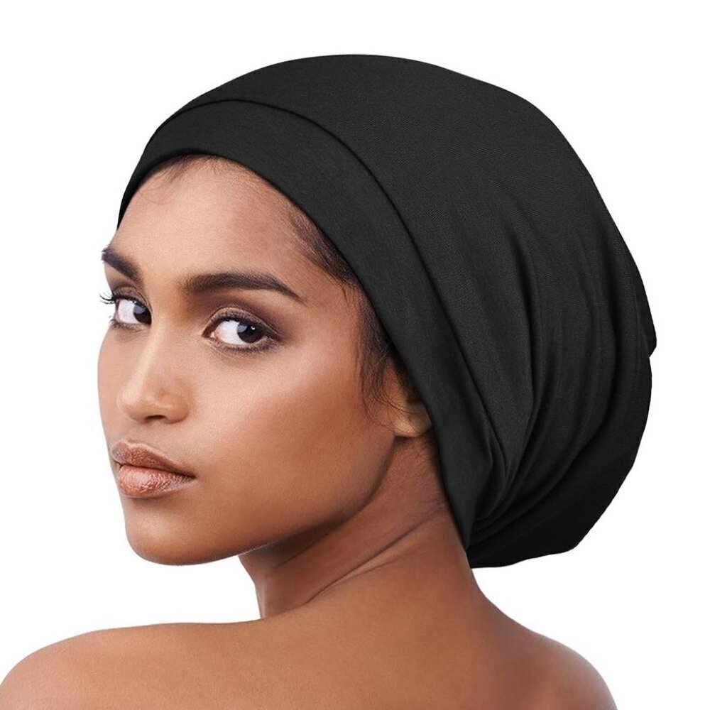 Satin Lined Slouchy Beanie Cap Soft Elastic Band Women Black